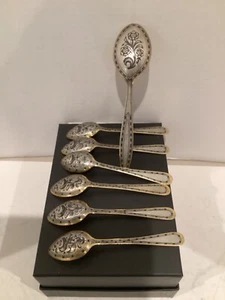 VINTAGE RUSSIAN SOVIET GILDED NIELLO SILVER 875 SET OF 7 SPOONS - Picture 1 of 5