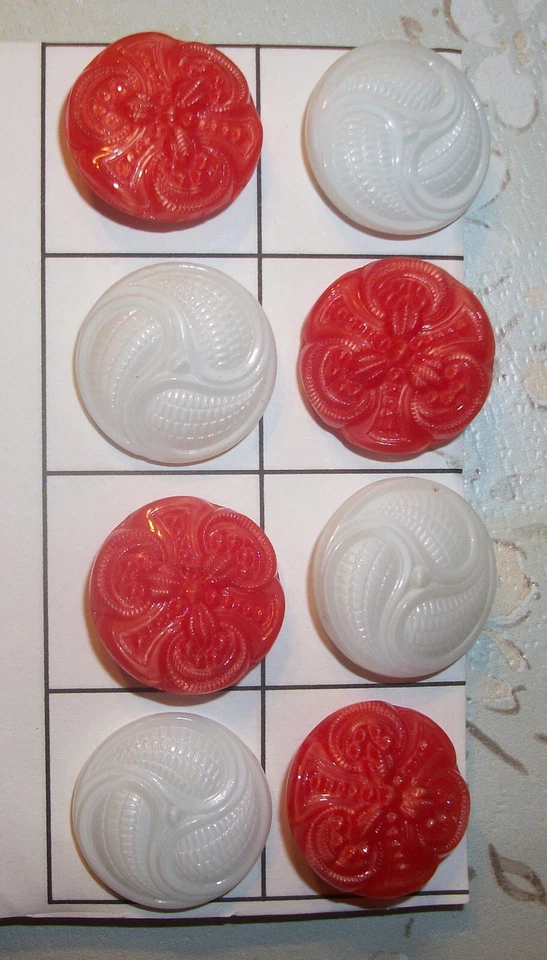 8 VINTAGE CZECH GLASS  BUTTONS ~ 4 RED AND 4 WHITE ~ NEW OLD STOCK - Image 1 of 1