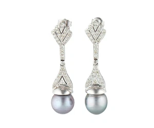 10.5MM Black Tahitian Pearl and 1.00ctw Diamond Dangle Earrings in 18K - Picture 1 of 3
