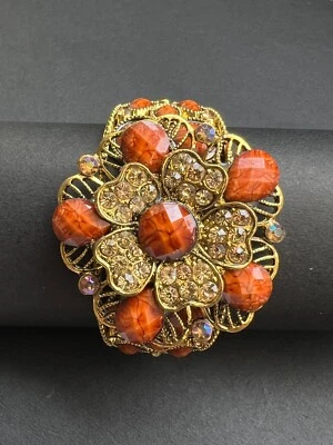 Orange Floral Statement Bracelet | Crystal Beads & Rhinestone Stretch Jewelry - Image 1 of 4
