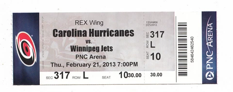 2013 CAROLINA HURRICANES VS WINNIPEG JETS FULL TICKET STUB 2/21/13 JETS WIN 4-3 Cover