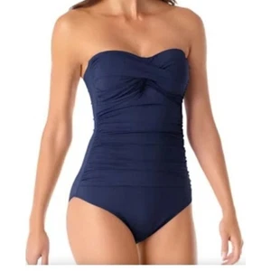 ANNE Cole Twist Front Shirred Bandeau One-Piece Swimsuit 16 Removable Straps NWT - Picture 1 of 6