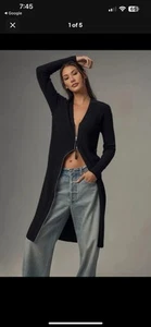 Anthro Pilcro Black Faux Leather Trim Maxi Long Cardigan Sweater Duster Small - Picture 1 of 10