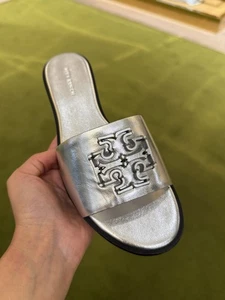 $295 Tory Burch Cut Out Logo Slide, Silver - Picture 1 of 7