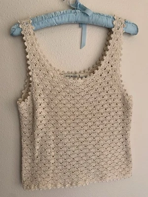 Camiseta sin mangas L ajustada vintage blanca ciervo crema ganchillo festival verano boho años 90 Foto 1 de 4