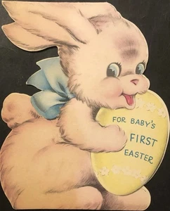 Vintage Baby’s erste Ostern Grußkarte entzückend rosa Hase blaue Schleife gelbes Ei - Bild 1 von 3
