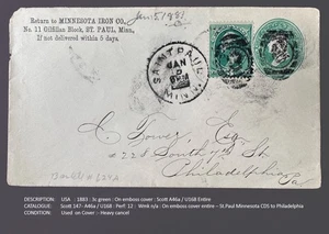 USA : 1883 : 3c green : On emboss cover : Scott 147 - A46a / U168 Entire - Picture 1 of 2