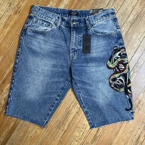 Ed Hardy Denim Shorts Size 32 Slim Jean Jorts Embroidered Y2K Skate Hip Hop 34” - Picture 1 of 14