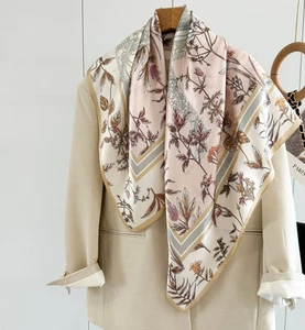 Pure 14 Momme Silk Square Shawl 88X88cm Scarf Bandanna Flower Horse Print Wrap  - Picture 1 of 6