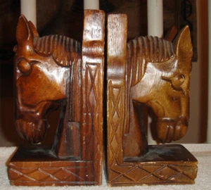 Par de sujetalibros de madera de caballo vintage cabeza de caballo busto tallado a mano caballo - Imagen 1 de 10