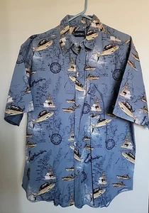 Puritan-Mens Hawaiian Shirt, Large , Blue Fish Prints , Casual Button-Down - Picture 1 of 3