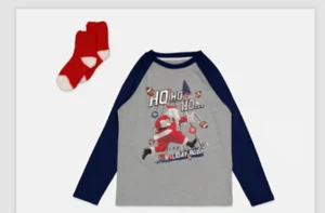 Max & Olivia Holiday Rush Pajama Shirt & Socks Boys L(12-14) Gray Multi Pullover - Picture 1 of 19