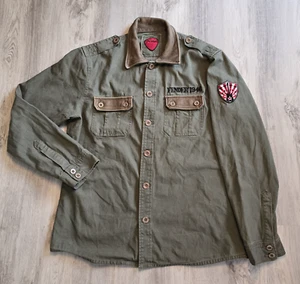 Men's Fender Olive Green Military Style Shirt Leather Collar & Pocket Flaps Sz L - Picture 1 of 19