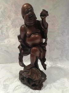 Vintage Lucky Buddha handgeschnitzte Buchsbaum-Statue 11 3⁄4 Zoll - Bild 1 von 12