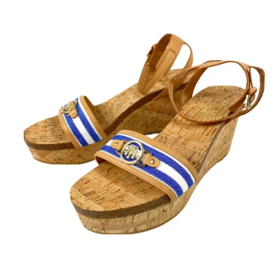 女士 Tommy Hilfiger Twhesley 航海软木厚底楔形棕褐色蓝色条纹 10M — 第 1/4 张图片