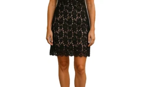 Designer New Women's Pencil Skirt black crochet overTan Lining Size 8 Short - Picture 1 of 8