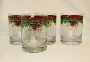 Tienshan Traditions 4 Cocktail Glasses Double Old Fashion Pinecones and Ribbons - Picture 1 of 4