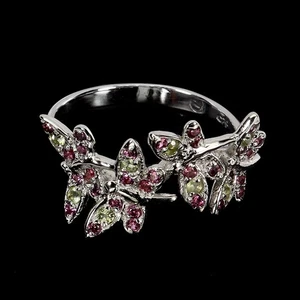 925 Sterling Silver Ring Round Peridot Rhodolite Garnet Gemstone Jewelry Size 9 - Picture 1 of 14