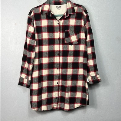 Lazy One Black Red Cream Plaid Long Sleeve Button Front Flannel Sleepshirt Small - Image 1 of 4