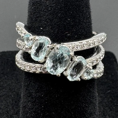 Cross my Heart Blue Topaz Cubic Zirconia Rhodium Ring Sz 5 Bomb Party RBP5532 - Image 1 of 4