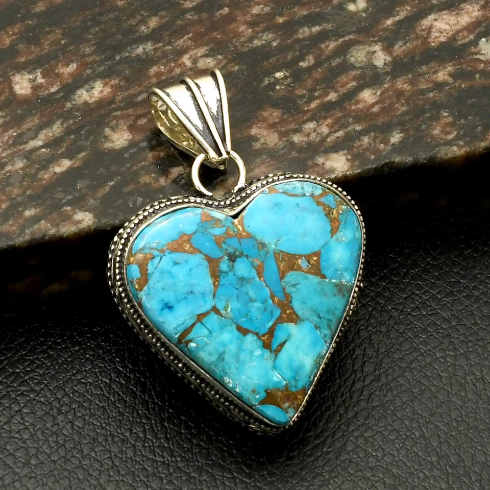 Colgante Corazón Cobre Turquesa Diseño Antiguo Joyería Regalo 2" AP-42843 Foto 1 de 1