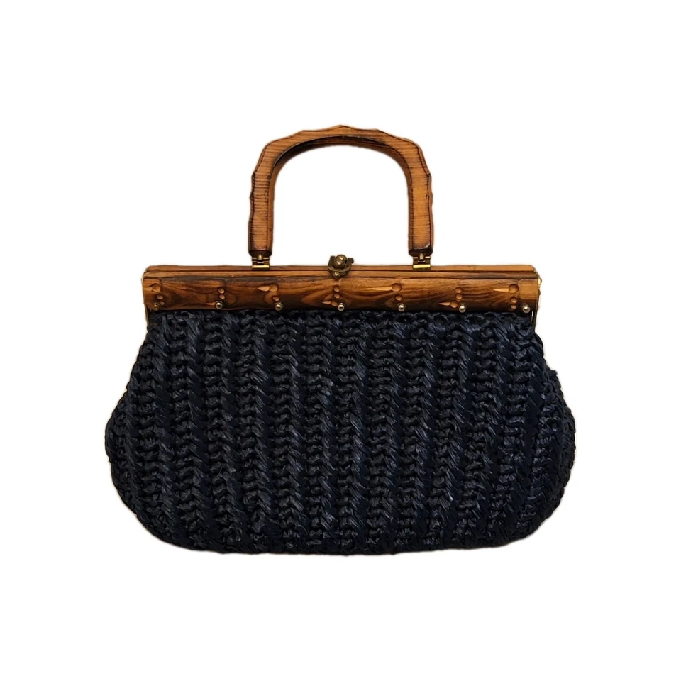 Vintage Retro Woven Raffia Navy Blue Handbag Purse Wood Handle Bohemian Chic MCM - Image 1 of 4