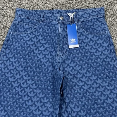 Adidas Raro Para Hombre Pequeño Denim Monograma Logo Suelto Pantalones Jeans Azul (IX6720) NUEVO Foto 1 de 4
