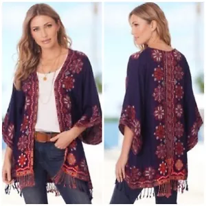 TIME FOR ME Cardigan Boho Kimono Aztec Print with Fringe Sz 2X Blue Open Front - Picture 1 of 9