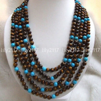 Collar de cuentas redondas 5 filas 6 mm ojo de tigre amarillo howlita azul piedras preciosas 17-21"" Foto 1 de 3