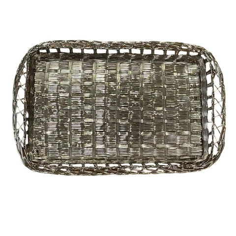 Vintage Woven Silver Plate Metal Tray Serving Basket Utensils Napkins 9.5x14” Cover