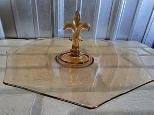 RARE 1930’s Vintage Topaz Amber Depresion Glass Fleur De Lis 11.5” Serving Plate - Picture 1 of 4