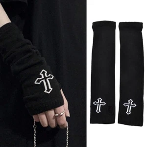 Grunge Cross Star Skull Design Punk Fingerless Long Gloves Rock Goth Black SC - Picture 1 of 9
