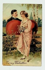Postkarte um 1900 entzückendes Paar großes Herz Valentinstag - Bild 1 von 2