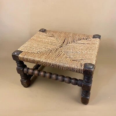 Antique Wooden Stool Woven Wood Cottage Furniture Brown String Rectangle Bobble - Image 1 of 4
