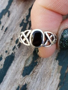 Size 4 to 10, Natural Black Agate 925 Sterling Silver Celtic Oval Gemstone Ring - Picture 1 of 9