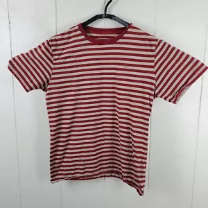 Brixton Shirt Mens Large Red Beige Stripe Crew Neck Short Sleeve Logo Stretch - Picture 1 of 14