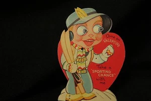 Tarjeta de San Valentín de ESQUÍ vintage años 40 - Imagen 1 de 3