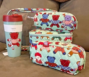 Vera Bradley 4 Piece Cosmetic Set + Thermal Mug Toasty Teddies Print-New - Picture 1 of 3