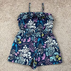 MOSSIMO SUPPLY CO Womens Blue Floral Bird Ruffle Romper L Cinched Waist Camisole
