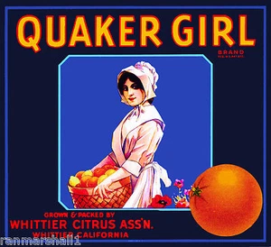 Whittier Los Angeles County Quaker Girl #2 Orange Citrus Fruit Crate Label Print - Picture 1 of 1
