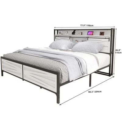 Marco de cama tamaño king/queen de granja con cabecero de estantería de almacenamiento y luces LED Foto 1 de 4