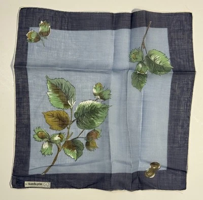 Vintage A. Skandia Print Hazelnut Tree Blue Cotton Hankie Switzerland - Image 1 of 4