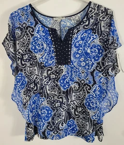 Studio Works Women's Size 1X Multicolor Kaftan Blouse Top SS Bedazzled V Neck - Picture 1 of 3