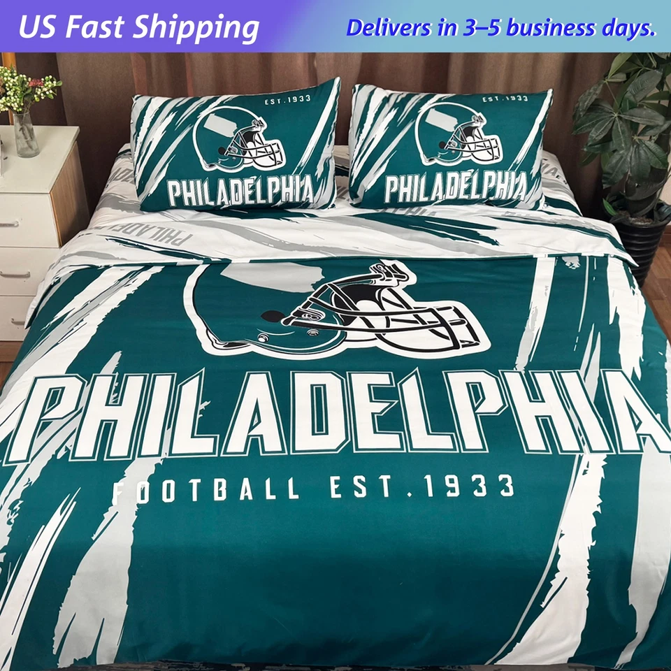 Funda nórdica edredón ropa de cama de fútbol americano Philadelphia doble reina verde medianoche Foto 1 de 4