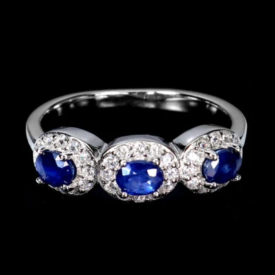 925 Anello Argento Sterling Ovale Zaffiro Blu Naturale Gemma Gioielli Misura 7 - Immagine 1 di 4