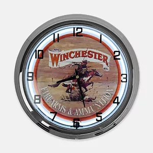 18" Winchester Firearms and Ammunition Metal Sign Designed White Neon Clock - Picture 1 of 9