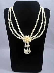1990's 3-Strand Faux Pearl Necklace Stationary Cluster Pendant Teardrop Dangles - Picture 1 of 12