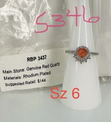 Anillo Bomba Fiesta Talla 6 RBP3437 Genuino Cuarzo Rojo Rodio Pl Bisutería Foto 1 de 4