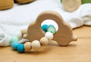 Baby rattle ring - teething - silicone and wood beads - Picture 1 of 2