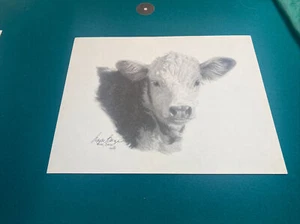 Wayne Baize ""Kuh"" auf Leinwand schwarz-weiß Druck signiert 1987 8,5 x11 - Bild 1 von 1